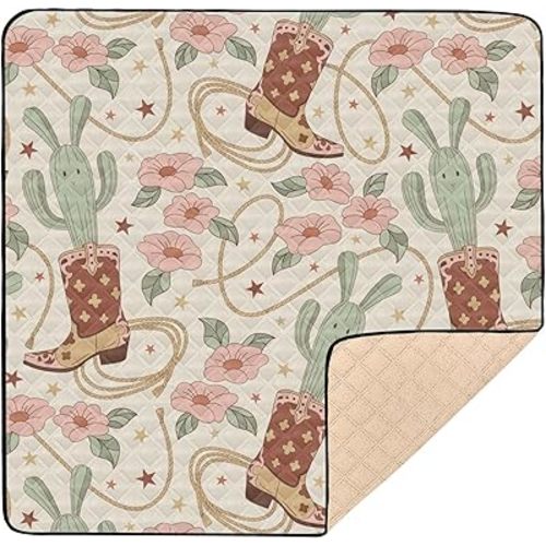 Baby Play Mat Cactus Cowboy Boots Floral 50 x 50 Playpen Mat Baby Play Mats for Floor Play Gym Crawling Mat Non-Slip Cushioned Baby Playmat for Infants, Babies, Toddlers
