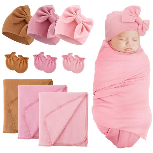 DRESHOW BQUBO Newborn Receiving Blanket Bow Hat Gloves Set Cotton Warm Baby Swaddle Blanket Wrap Baby Sleep Sack Shower Gift