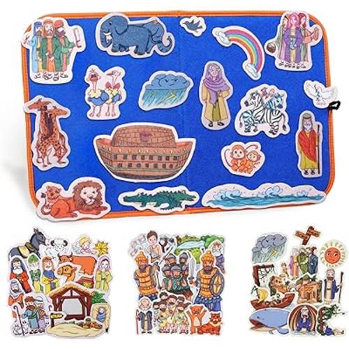 CHEFAN 4 Pack Felt Board Bible Stories Set, Flannel Board Stories Include Noah's Ark, Jonah and The Whale, David and Goliath, The Nativity of Jesus, 50 pcs Precut Flannel Graph Bible Toys for Kids