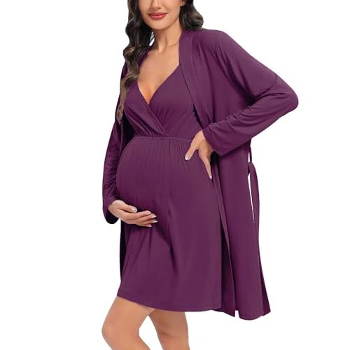 DIKFA Womens Maternity Set 2PCS Nursing Nightgown for Breastfeeding 3 in 1 Labor Delivery Nursing Dress Birthing Bathrobe Set
