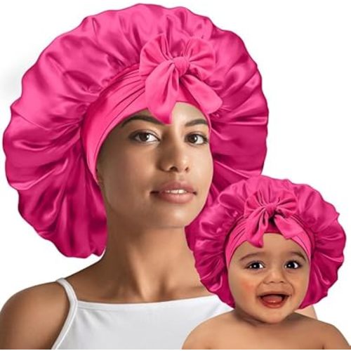 UHBYJM 2 PCS Mommy and Me Bonnet Set, Silk and Satin Bonnets for Sleeping with Elastic Tie Band, Adjustable Hair Bonnets for Women, Girls, Kids and Toddlers (Rose Red)