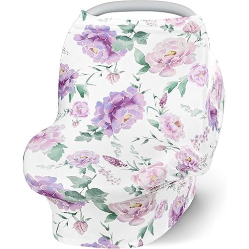 Baby Car Seat Cover Girls, Infant Carseat Canopy, Stretchy Multi- use Nursing Cover for Stroller/High Chair/Shopping Cart/Car Seat Canopies (Purple Floral)