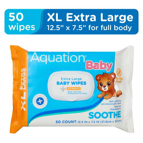 Aquation Baby Wipes, Extra Large, Soothing with Vitamin E for Delicate Skin, 50 Count