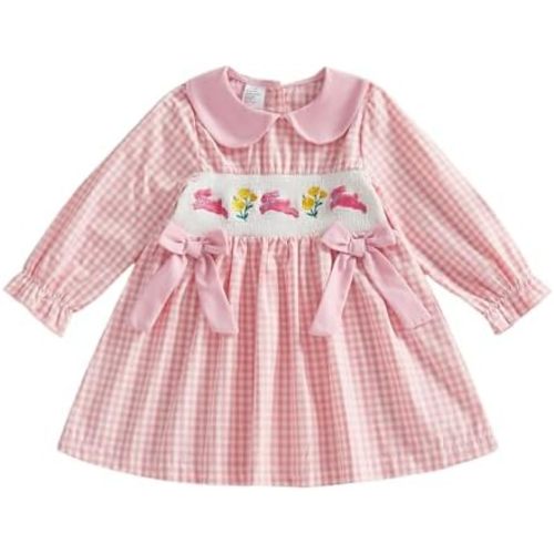 Toddler Little Girl St Patricks Day Smocked Dress Shamrock Embroidery Long Sleeve Doll Collar Plaid Irish Dresses