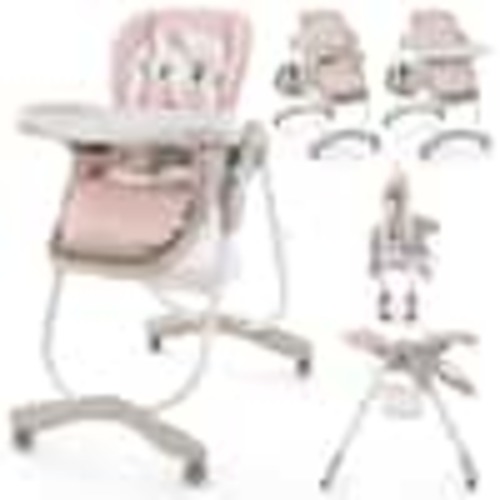 Costway Pink Highchair for Babies and Toddlers with Rolling Wheels Adjustable Height Footrest HCST03329