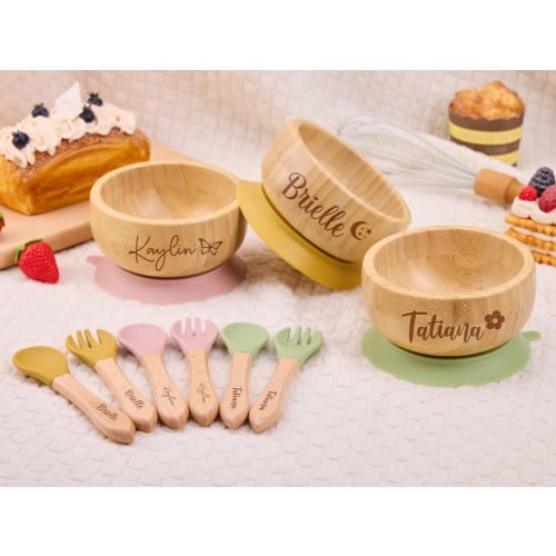 Personalized Bamboo Baby Bowl & Spoon Set: Engraved First Birthday Gift