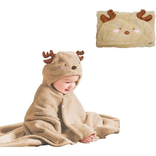 Toddler Baby Bath Towel with Hood 27.5"X55" Ultra Absorbent Soft Bathrobe Blanket, 0-6 Years Infant Shower Towel for Girls & Boys(Beige Deer)