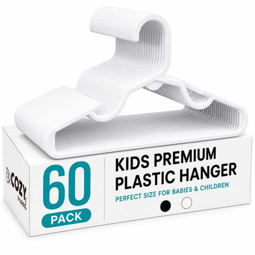 Cozymood Baby Hangers 60 Pack, Kids Plastic Hangers for Nursery Closet, Space Saving Toddler Hangers for Infant & Child Clothes, Baby Clothes Hangers for Shirts, Pants, Coats, White