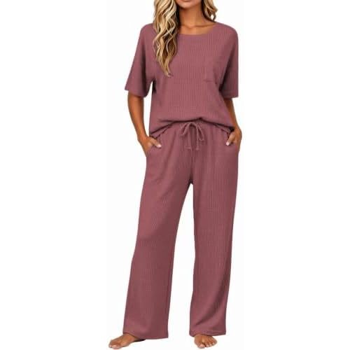 JiniGolla Womens Pajama Sets Waffle Knit Short Sleeve Shirt with Long Pajama Pants Soft Sleepwear Pj Lounge Sets