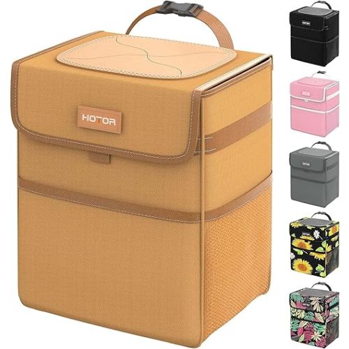 HOTOR Car Trash Can with Lid, Brown Trash Bag Hanging with Storage Pockets, 100% Leak-Proof Garbage Can with Adjustable Straps, Magnetic Snaps, Waterproof Interior Car Bin