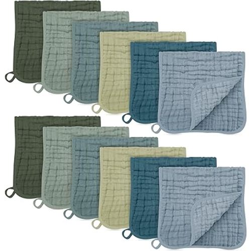 SWEET DOLPHIN 12 Pack Muslin Burp Cloths Large 100% Cotton Burping Clothes for Baby Drool - Absorbent and Soft Boys & Girls Milk Spit Up Rags for Newborn Essentials Registry - Ocean Dip
