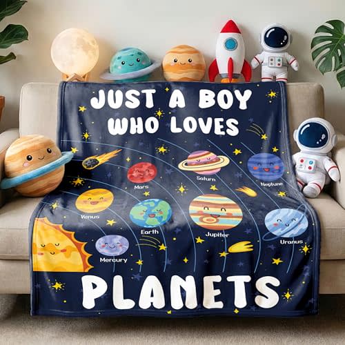 Just A Boy Who Loves Planets Solar System Space Throw Blanket Fannel Fleece Super Soft Funny Blanket Travel Throw Blanket for Bed Couch Sofa 40 x 50 Inch for Kid