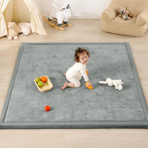 PaPaMat 1.3" Thick Baby Play Mat for Floor, 79x79 Large Foam Tummy Time Mat, Padded Support Soft Plush Nursery Rug for Infant Kids Toddler Crawling Kick Activity (Light Grey)