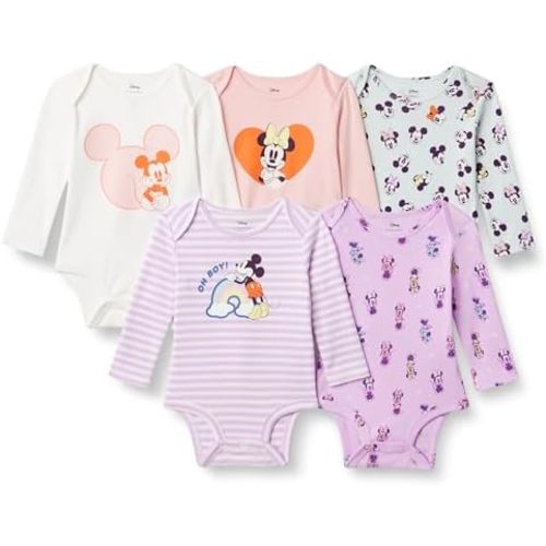 Amazon Essentials Disney Unisex Babies' Cotton Knit Long-Sleeve Bodysuits, Pack of 5