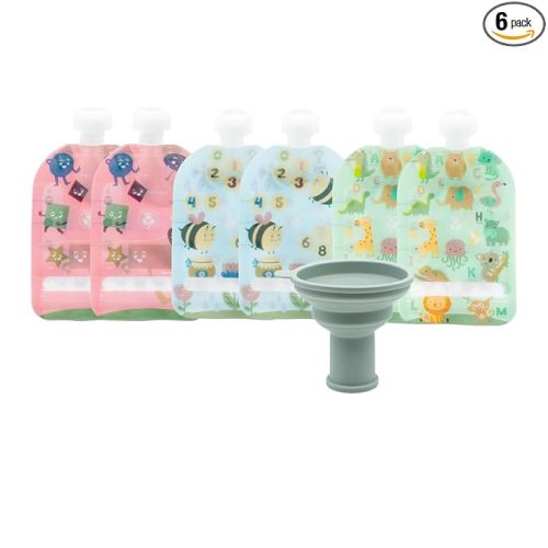 WeeSprout Double Zipper Reusable Food Pouches, Perfect for Babies & Toddlers, Freezer & Dishwasher Safe (Educational, 3.4 Fl Oz (Pack of 6) + Pouch Filler)