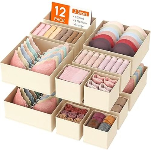 Lifewit 12 Pack Drawer Organizer, Dresser Underwear Drawer Organizer Bins, Foldable Fabric Closet Organizers, Storage Drawer Dividers, Dorm Room Essentials for Clothing, Socks, Towels, Ties Khaki