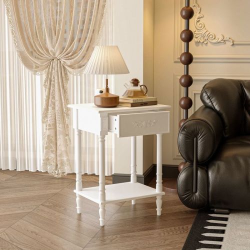 Famapy White Vintage End Table with Drawer,Coffee Side Table,Bedside Table,Add Charm to Your Living Space