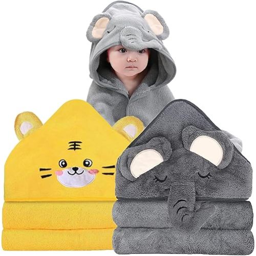 2 Pack Hooded Baby Towels for Newborn, Baby Bath Towel with Hood for Babies, Infant, Toddler and Kids, Soft and Absorbent Newborn Essential(Elephant & Tiger)