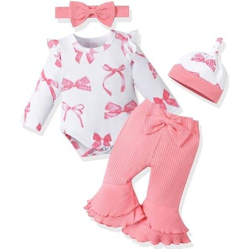 Preemie Newborn Baby Girl Clothes Cute Baby Girl Spring Outfits Gifts Infant Romper Bell Bottoms Pant Bow Headband Sets