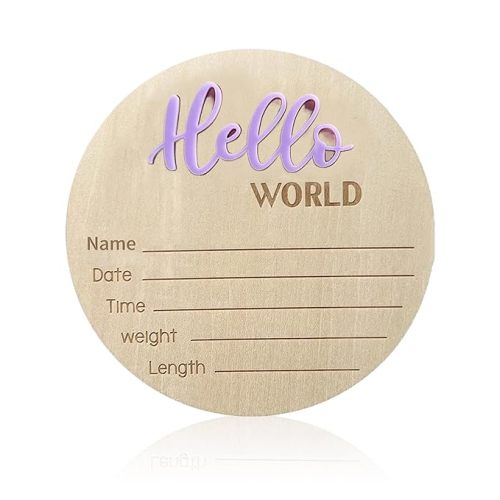 Baby Announcement Sign, 5.9 Inch Wooden Hello World Newborn Signs, Birth Announcement Sign, Baby Shower Hospital Nursery for Newborn Boys and Girls… (Purple)