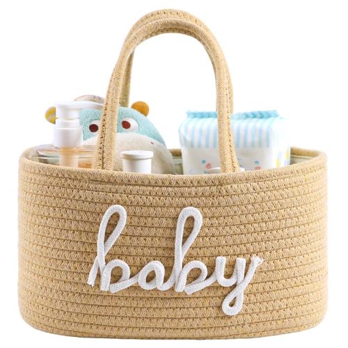 ZOMBATI Baby Diaper Caddy Organizer, Nursery Storage Bin Basket for Baby Shower and Baby Wipes- Cotton Rope Portable Diaper Bag for Changing Table, Newborn Essentials Gift-Tan
