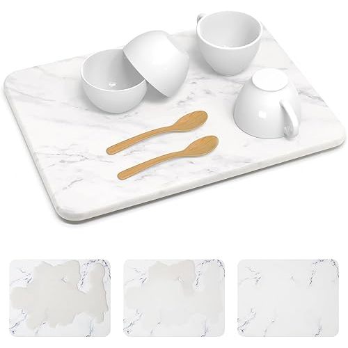 Quick Drying 30s Water Absorbing Stone Tray For Sink, Stone Dish Drying Mat For Kitchen Counter, Diatomaceous Earth Stone Drying Pad, Non Slip Kitchen Mat For Dishes, Marble Pattern, 11.8 X 15.7 Inch