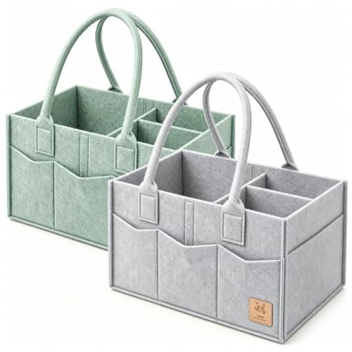 HIPHOP PANDA 2-Pack Diaper Caddy Organizer - Nursery Storage Bin & Car Organizer for Diapers, Wipes, and Baby Essentials - Dual-Color Solid Set (Grey/Green), Large Size