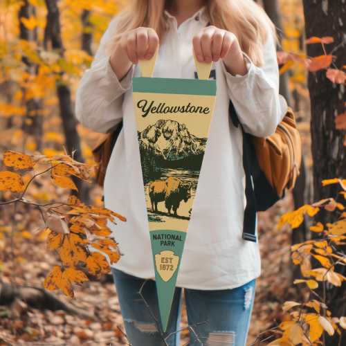 Yellowstone National Park Felt Pennant | Vintage Bison & Mountains Camp Flag, National Park Wall Decor, Adventure Home Accent