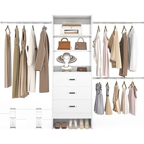 96'' Closet Organizer System with 3 Hanging Rods, 8FT Closet Organizers and Storage with 3 Wooden Drawers, Built in Closet Organizer Systems, Adjustable Walk-in Wardrobe from 5-8FT, White
