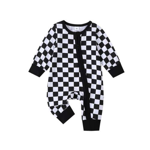 ZINTAOZT Newborn Baby Girl Boy One Piece Checkerboard Romper Long Sleeve Zipper Jumpsuit Spring Fall Clothes 0-12M