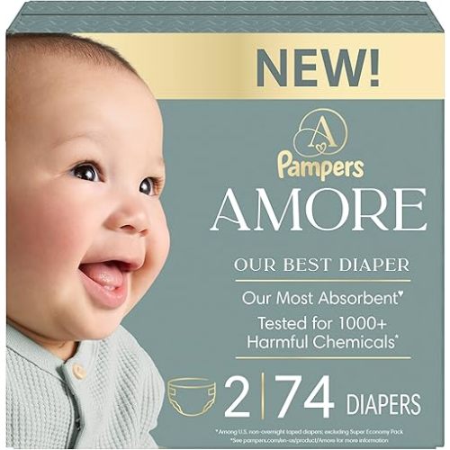 Pampers Amore, Size 2 (10-22 lbs), 74 Count, Our Best Diaper – Hypoallergenic & Fragrance Free, Up to 100% Leakproof, Soft as Cashmere