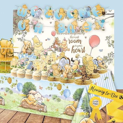 Classic Winnie Baby Shower Decorations Kit, All-in-1 Vintage Winnie Party Supplies Decorations, Classic The Pooh Backdrop Cake Topper, Winnie Baby Tablecloth Honeycomb Decorations for Baby Shower