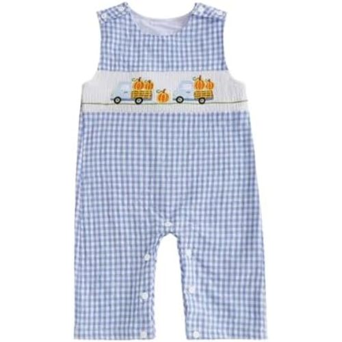 Infant Baby Boy Halloween Pumpkin Plaid Jumpsuit Sleeveless Gingham Romper One Piece Strap Overalls Smocked Clothes