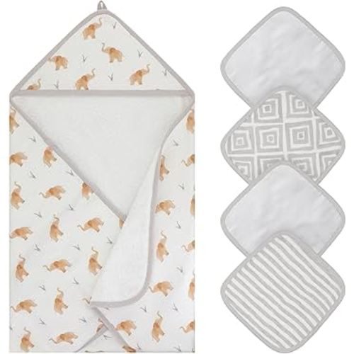 Featherhead™ 5-Piece 100% Cotton Muslin Hooded Bath Towel & Washcloths Set for Baby Boy - Ultra Soft and Extra Absorbent - Newborn Essential & Perfect Baby Registry Gift (Elephant)