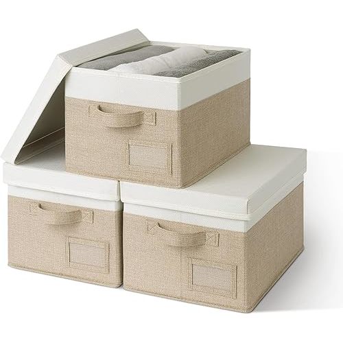 GRANNY SAYS Storage Basket with Lid, Linen Fabric Storage Bins for Shelves, Decorative Storage Boxes, Clothes Storage and Organization, Memory Keepsake Box, 3-Pack, Khaki&Ivory