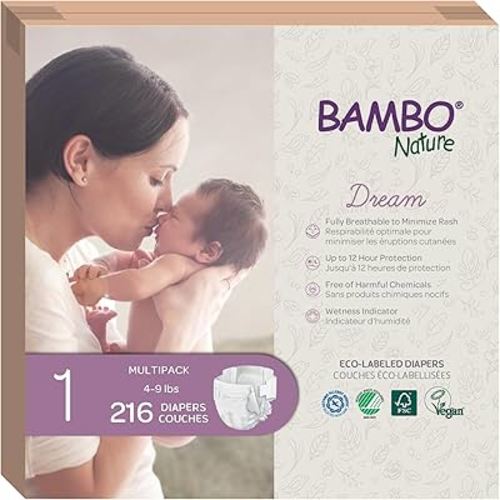 Bambo Nature Hypoallergenic Baby Diapers, Eco-Labelled Sustainable Diapers, Enhanced Leakage Protection, Totally Chlorine-free, Skin Friendly, and Super Absorbent - Size 1 (216 Count)