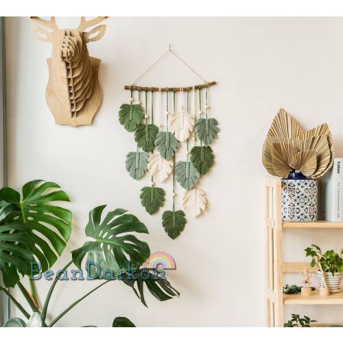 Green Monstera Leaves Macrame Wall Hanging, Variegated Monstera, Botanical Wall Art, Christmas Gift, Safari Nusery Decor, New Home Gift L02