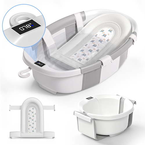 Collapsible Baby Bathtub with Soft Cushion and Thermometer-Grey