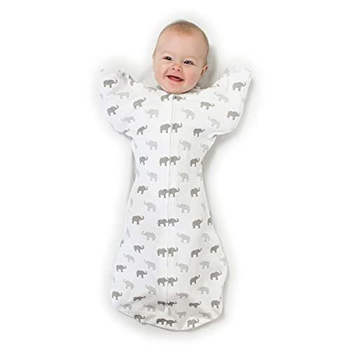 Amazing Baby Transitional Swaddle Sack with Arms Up Half-Length Sleeves and Mitten Cuffs, Tiny Elephants, Sterling, Small, 0-3 Months (Parents’ Picks Award Winner, Easy Transition with Better Sleep)