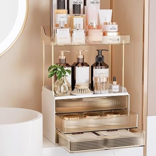 Delamu 5-Tier Makeup Organizer, Bathroom Counter Storage, 3 Drawers, Amber