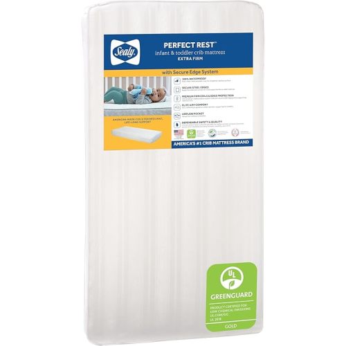 Sealy Baby Perfect Rest Waterproof Crib Mattress plus Toddler Bed Fit, Premium 150 Extra Firm Coils, Non Toxic, Airy Cushioning, GREENGUARD Gold Certified, Safety & Quality Tested, Made in USA, 52X28"