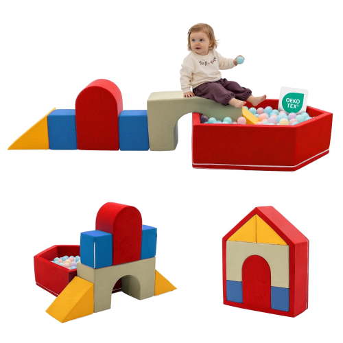 SAETSFEG 7-Piece Toddler Climbing Toys with Ball Pit, Indoor Baby Foam Blocks, Kids Crawling Activity Soft Play Set, Red (Balls not Included)