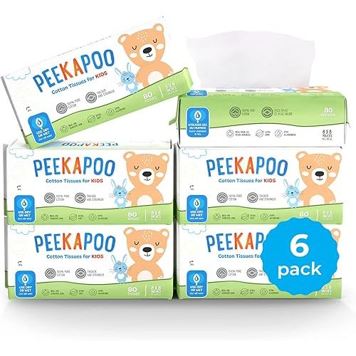 Peekapoo Cotton Tissues - Use Wet or Dry, Unscented, Hypoallergenic, Ultra Soft Tissues for Children, Suitable for Sensitive Skin, Strong & Absorbent, 480 Count