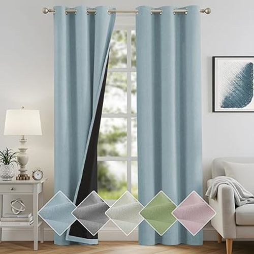 Melodieux Total Black Out Curtains 84 Inch Length 2 Panels Set, Linen Textured Light Blue Blackout Curtains for Bedroom, Grommet Top Thermal Insulated Drapes for Living Room, 42" W x 84" L, 2 Panels