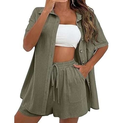QIBABU Women's Linen Shorts Sets 2 Piece Summer Short Sleeve Top and Shorts Sweatsuit Set Vacation Beach Outfits