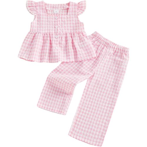 Thorn Tree Girls Summer Outfits Ruffle Sleeve Button Up Dress Tops Plaid Linen Pants Spring Toddler Girl Clothes