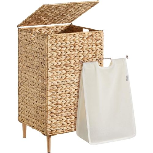 SONGMICS Laundry Hamper, 25 Gal. (95 L) Handwoven Water Hyacinth Wicker Laundry Basket with Lid, Natural Material, Removable Machine Washable Liner, Handles, Natural ULCB201Y01