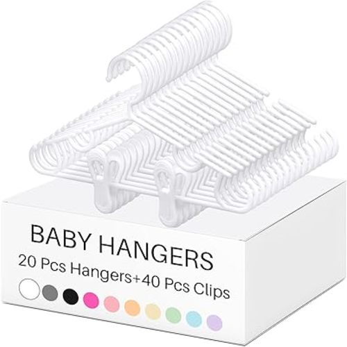 Hsei Nursery Hangers with Clips for Kids Baby Pants Hangers 10/20/40 Newborn Plastic Hanger with 20/40/80 Clip for Closet Toddler Clothes Coat Skirts Socks(White,60 Packs)