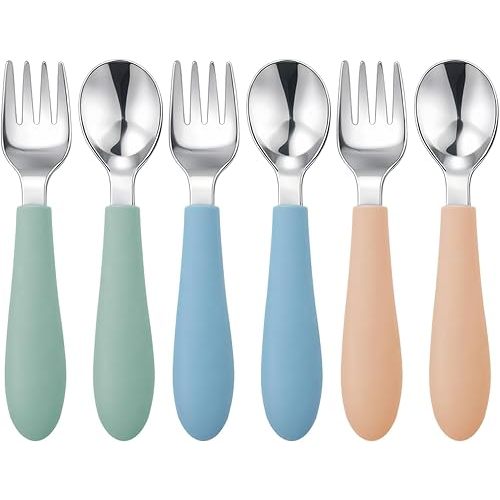Pimoys 6 Pieces Toddler Utensils, Kids Forks and Spoons with Silicone Handle, Stainless Steel Toddler Silverware Set, Dishwasher Safe
