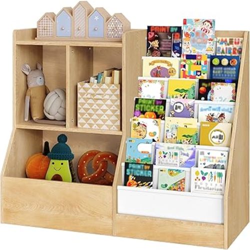 39.4" Kids Bookshelf and Toy Storage, 7 Layer Kids Book Sling Shelf, Toddler Bookshelf, Kids Bookcase, Toy Organizer Cabinet, Large, for Playroom, Bedroom, Nursery, Natural BKNW7301